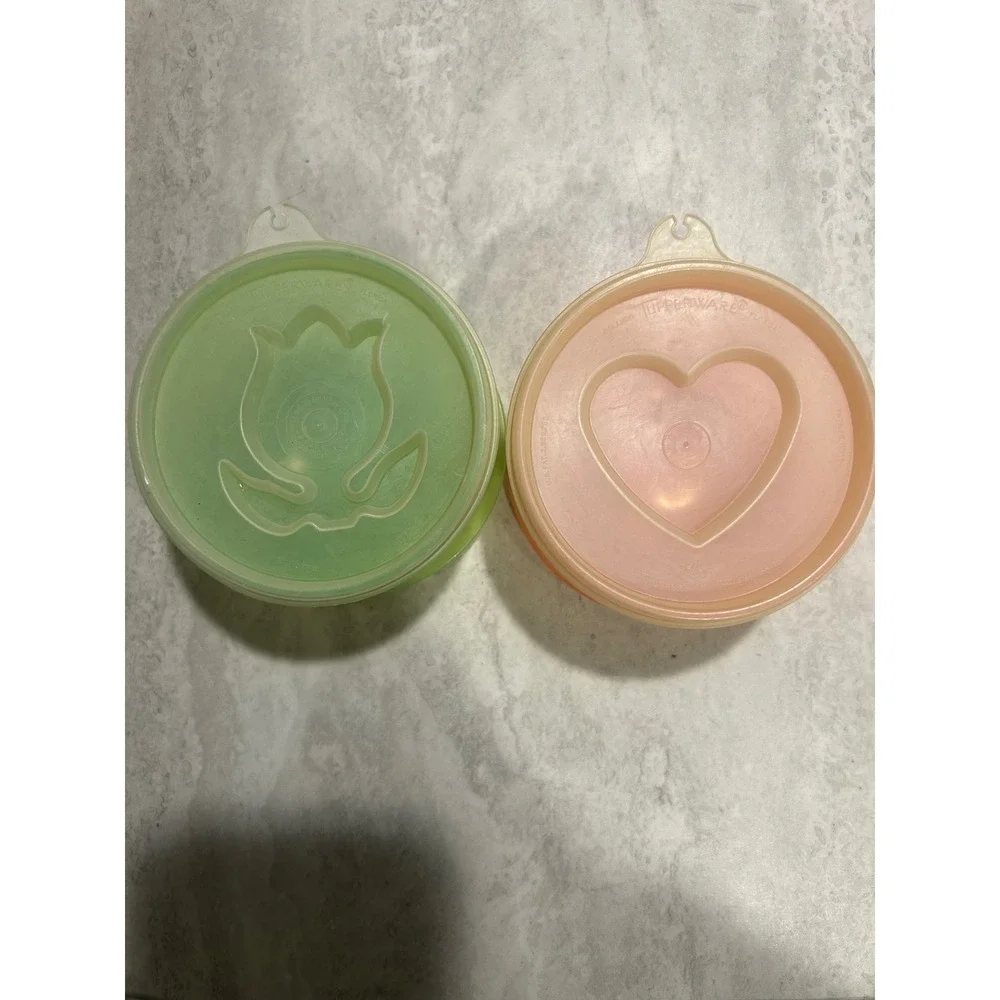 Vintage Tupperware Snack Cups Lids Saucers Heart Tulip Green Peach Set of 2